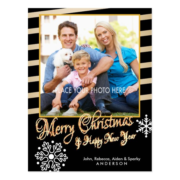 Merry Christmas, Gold & Black Photo Christmas Postcard
