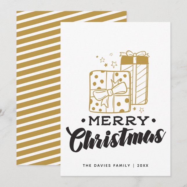 Merry Christmas Gold Black Presents Typography Holiday Card (Front/Back)