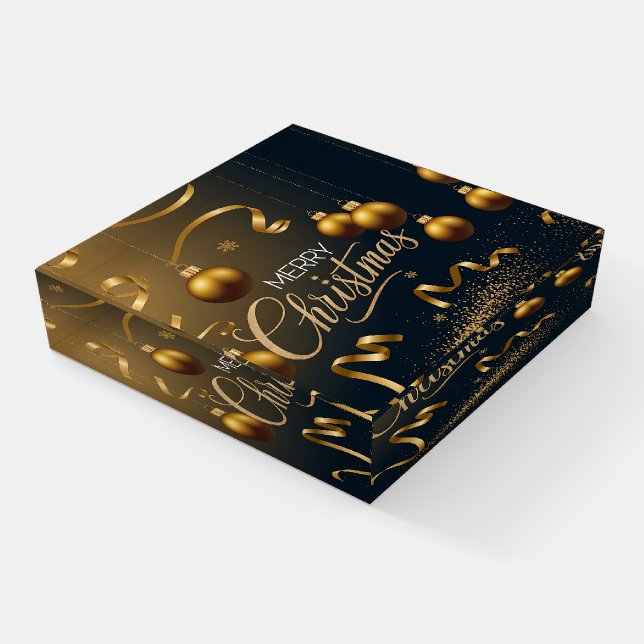 Merry Christmas Gold Black Streamers Balls Paperweight (Angled)