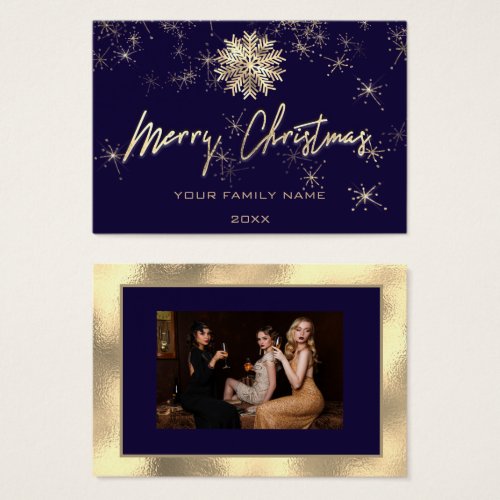 Merry Christmas Gold Blue Navy Photo Snowflakes
