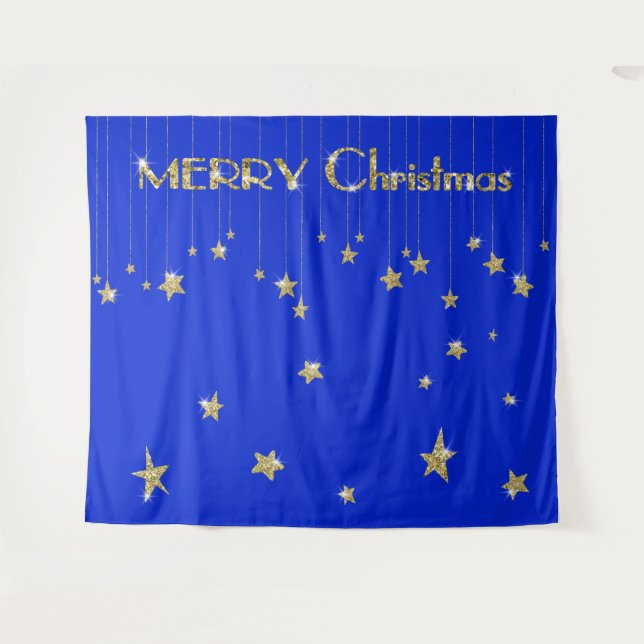 Merry Christmas Gold Blue Photo Booth Backdrop (Front (Horizontal))