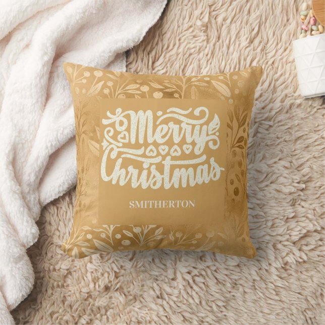 Merry Christmas Gold Brush Script Name Throw Pillow (Blanket)