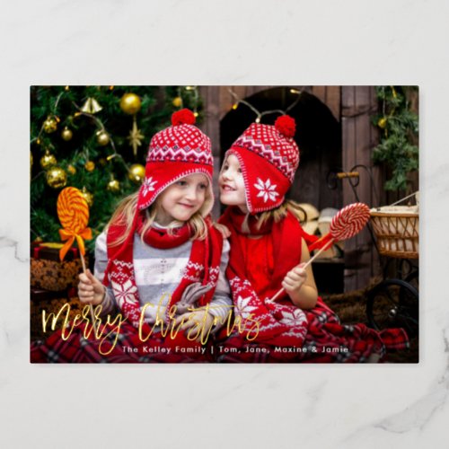 Merry Christmas Gold Brush Script Photo Foil Holiday Card