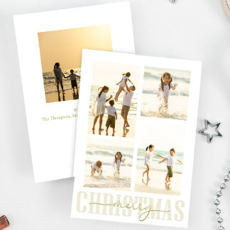 Merry Christmas Gold Calligraphy Elegant 5 Photo Holiday Card