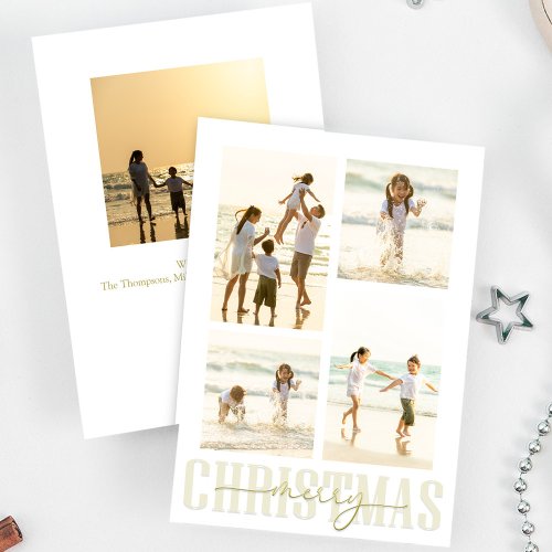 Merry Christmas Gold Calligraphy Elegant 5 Photo Holiday Card