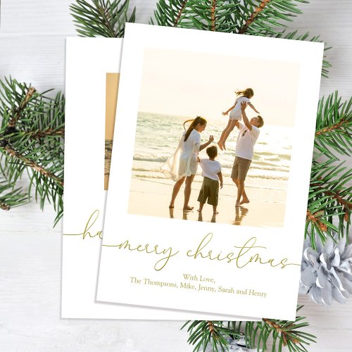 Merry Christmas Gold Calligraphy Elegant Two Photo Holiday Card