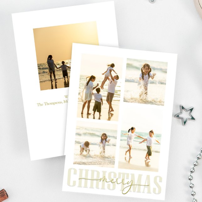 Merry Christmas Gold Calligraphy Photo Custom Holiday Card (Merry Christmas gold calligraphy script photo card. )