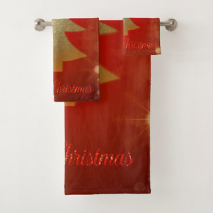 Merry Christmas, Gold Christmas Tree, Red Bath Towel Set