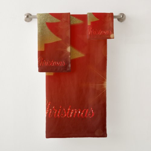 Merry Christmas Gold Christmas Tree Red Bath Towel Set