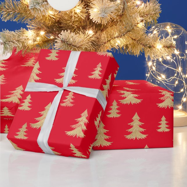 Merry Christmas Gold Christmas Tree Red Wrapping Paper (Holidays)