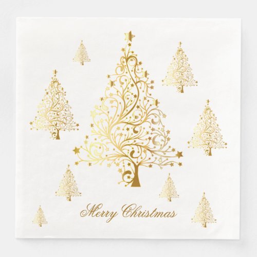 Merry Christmas Gold Christmas Trees Paper Dinner Napkins