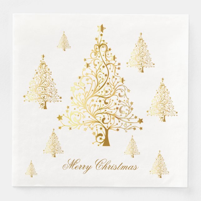 Merry Christmas Gold Christmas Trees Paper Dinner Napkins (Front)