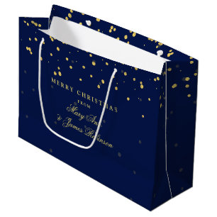 Merry Christmas Gold Confetti Dots Navy Blue Large Gift Bag