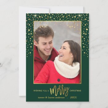 Merry Christmas Gold Confetti Holiday Photo-green by SquirrelHugger at Zazzle
