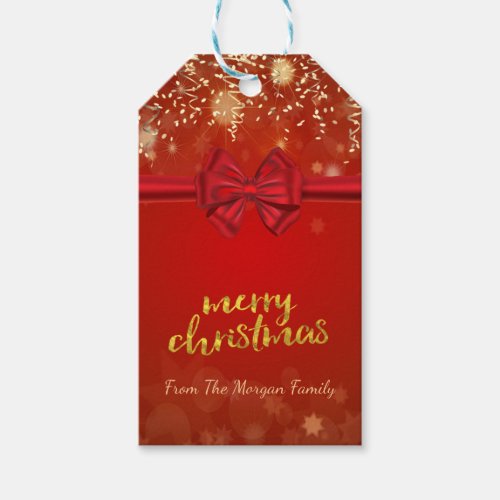 Merry Christmas Gold Confetti Red Bow Gift Tags