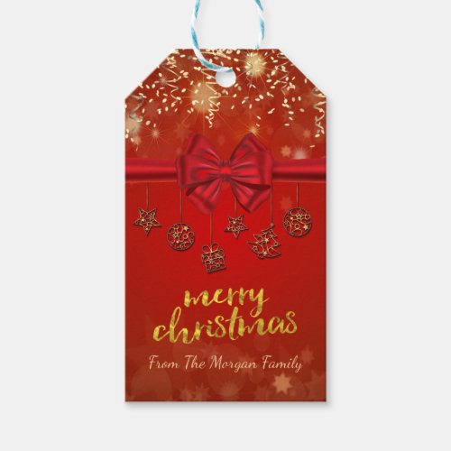 Merry ChristmasGold ConfettiRed BowOrnaments  Gift Tags