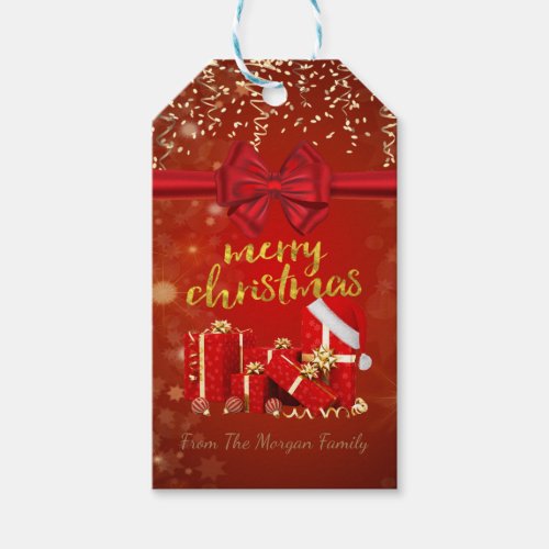 Merry Christmas Gold Confetti Red BowPresents Gift Tags