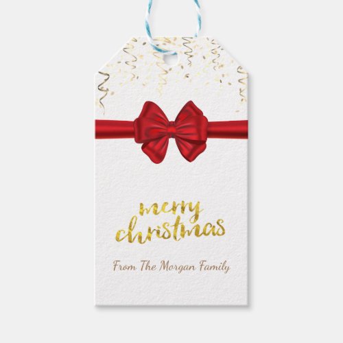 Merry Christmas Gold Confetti Red BowWhite Gift Tags