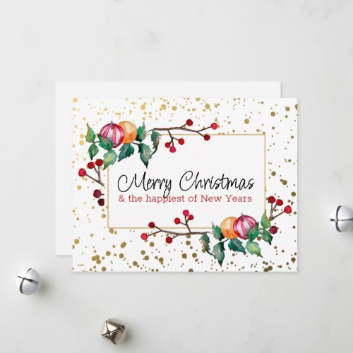Merry Christmas Gold Confetti Watercolor Ornaments Holiday Card