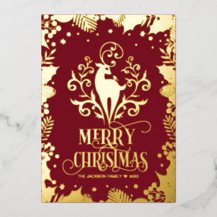 Merry Christmas Gold Deer Holly Photo    Foil Holiday Card