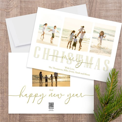 Merry Christmas Gold Elegant Calligraphy 4 Photo Holiday Card