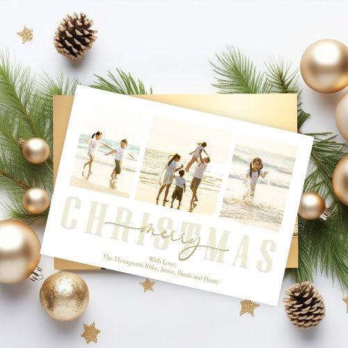 Merry Christmas Gold Elegant Calligraphy 4 Photo Holiday Card