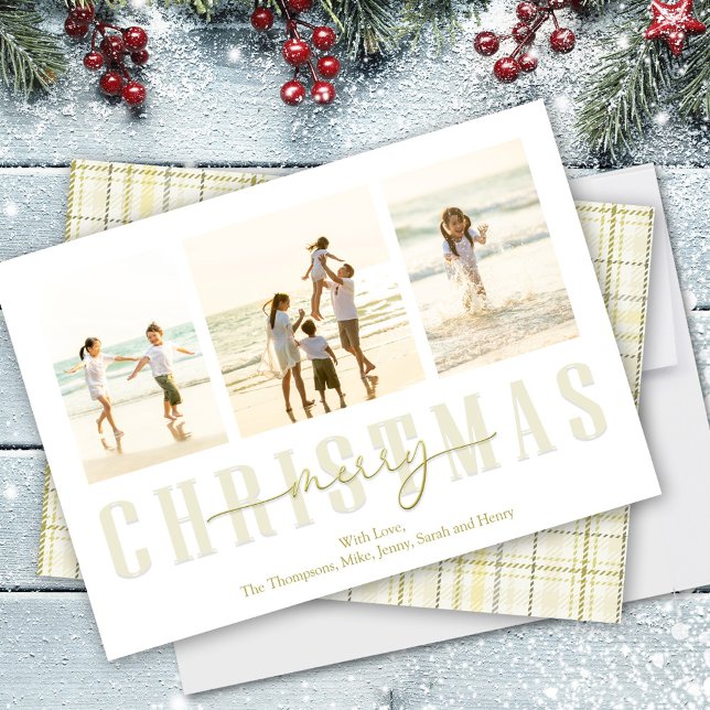 Merry Christmas Gold Elegant Calligraphy Plaid  Holiday Card (Merry Christmas gold calligraphy and modern block typography photo card)