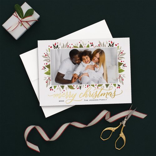 Merry Christmas Gold Elegant Script Greenery Photo Foil Holiday Card