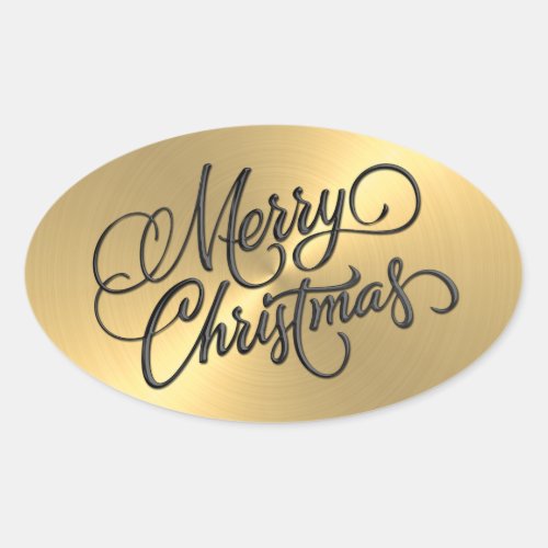 Merry Christmas Gold  Embossed Look Oval Sticker