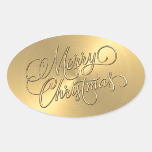 Merry Christmas Gold  Embossed Look Oval Sticker