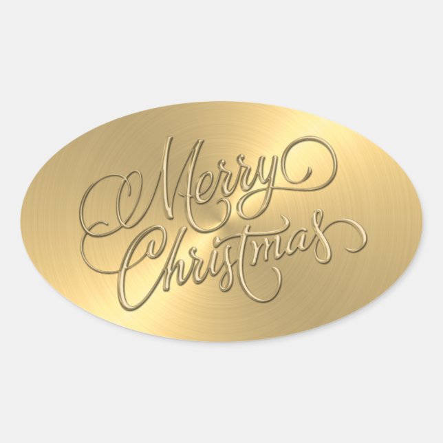 Merry Christmas Gold  Embossed Look Oval Sticker (Front)
