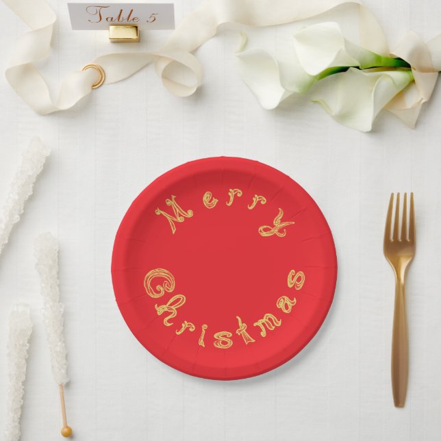 Merry Christmas Gold Fabric Font Red Paper Plates (Wedding)