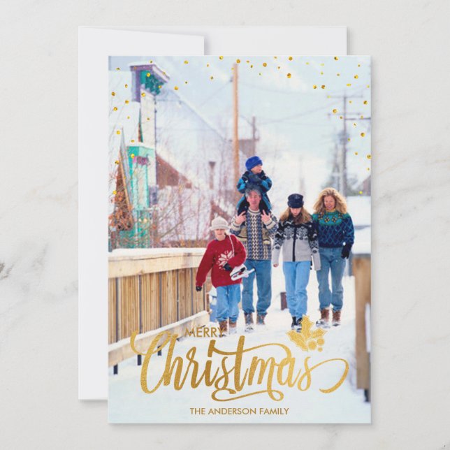 Merry Christmas Gold Family Custom Photo Card (Front)