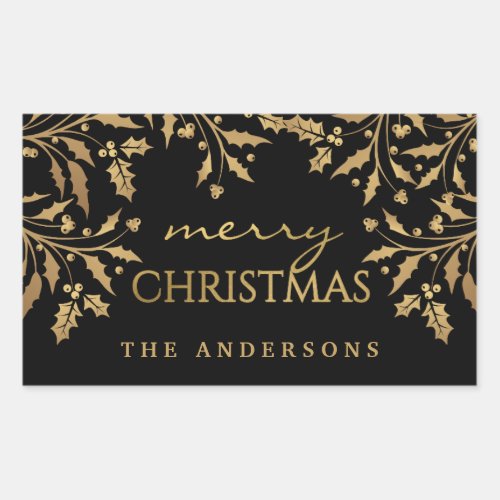Merry Christmas Gold Faux Foil Holly Branches Rectangular Sticker