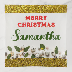 Merry Christmas Gold Faux Glitter Trinket Tray