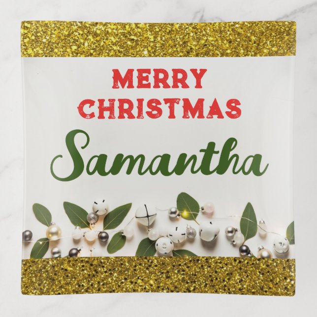 Merry Christmas Gold Faux Glitter  Trinket Tray (Front)