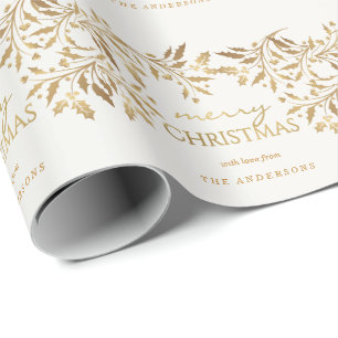 Merry Christmas Gold Faux Metallic Holly Garland Wrapping Paper