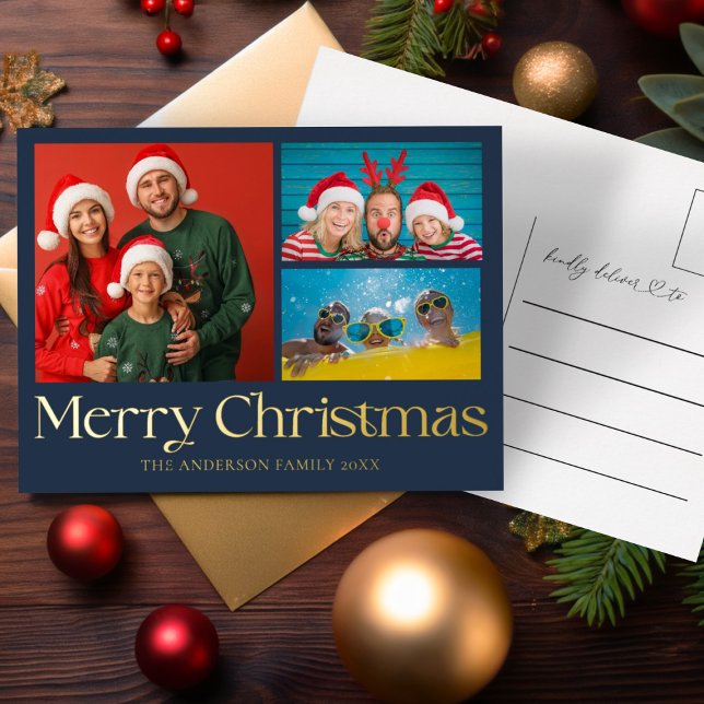 Merry Christmas Gold Foil 3 Photo Foil Holiday Postcard (Creator Uploaded)