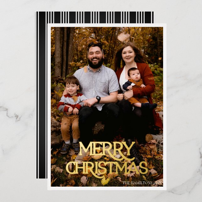 Merry Christmas Gold Foil Black & White Stripe Invitation (Front/Back)