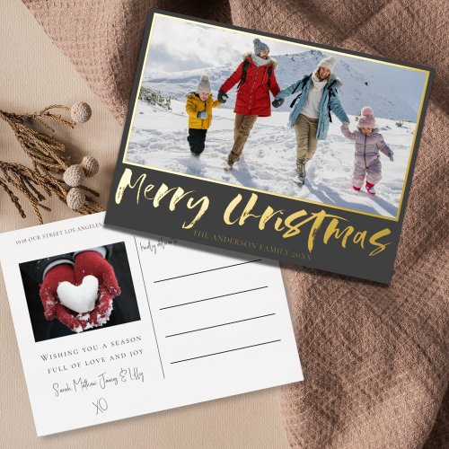 Merry Christmas Gold Foil Calligraphy  Photo Foil Holiday Postcard