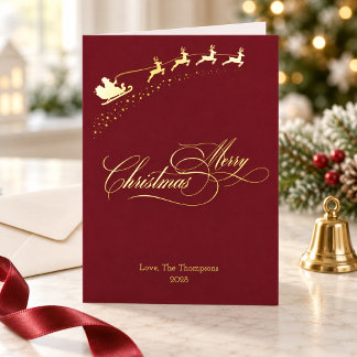 Merry Christmas Gold Foil Deep Red Santa Sleigh Holiday Card