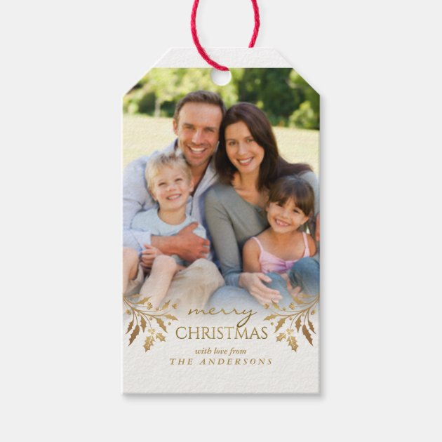 Merry Christmas Gold Foil Holly Holiday Photo Tag