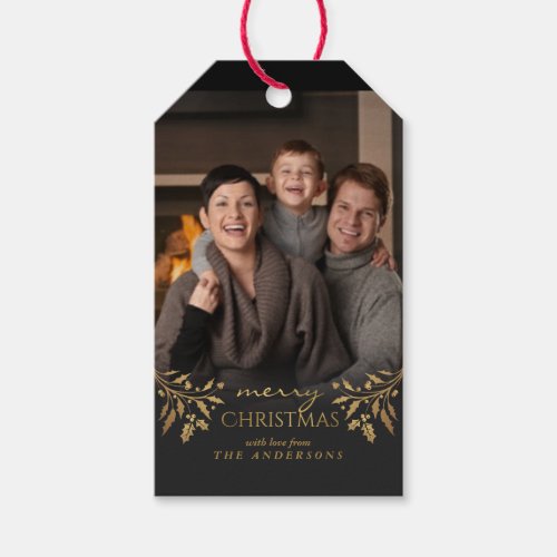 Merry Christmas Gold Foil Holly Holiday Photo Tag