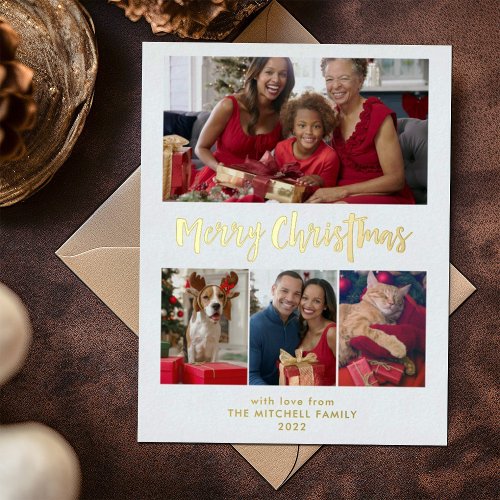 Merry Christmas  Gold Foil Multi Photo Grid Foil Holiday Postcard