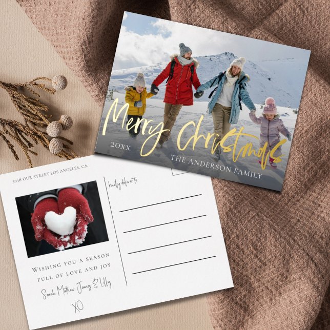Merry Christmas Gold Foil & Photo Holiday Postcard (Creator Uploaded)