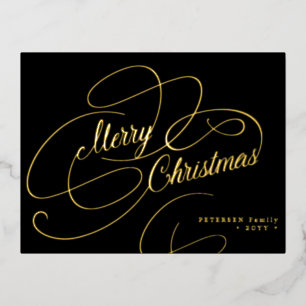 Merry Christmas gold foil script classic black Holiday Postcard