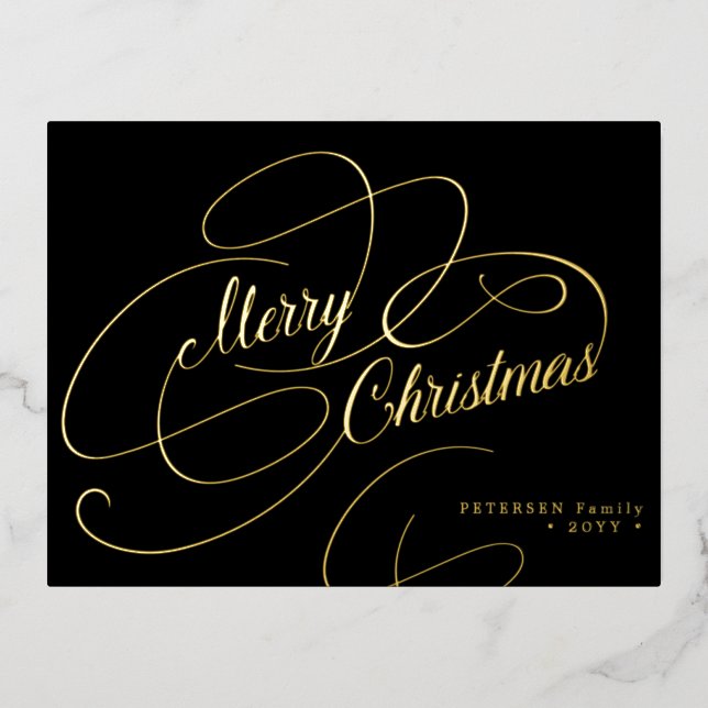 Merry Christmas gold foil script classic black Holiday Postcard (Front)