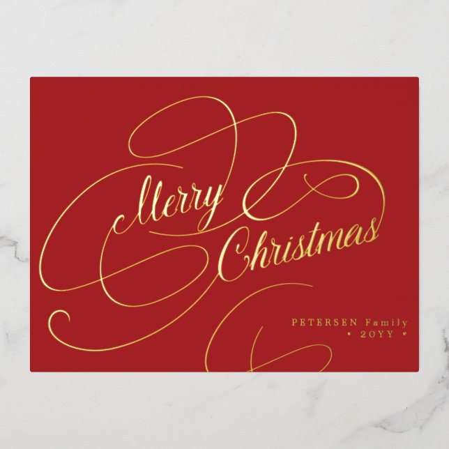 Merry Christmas gold foil script classic red Holiday Postcard (Front)