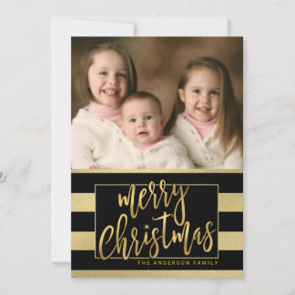 Merry Christmas Gold Foil Striped Flat Photo Card
