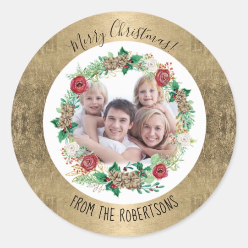 Merry Christmas Gold Foil Watercolor Wreath Photo Classic Round Sticker